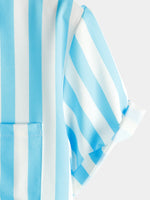 Men's Floral Blue Striped Print Vacation Summer Short Sleeve Beach Button Up Shirt