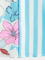 Men's Floral Blue Striped Print Vacation Summer Short Sleeve Beach Button Up Shirt