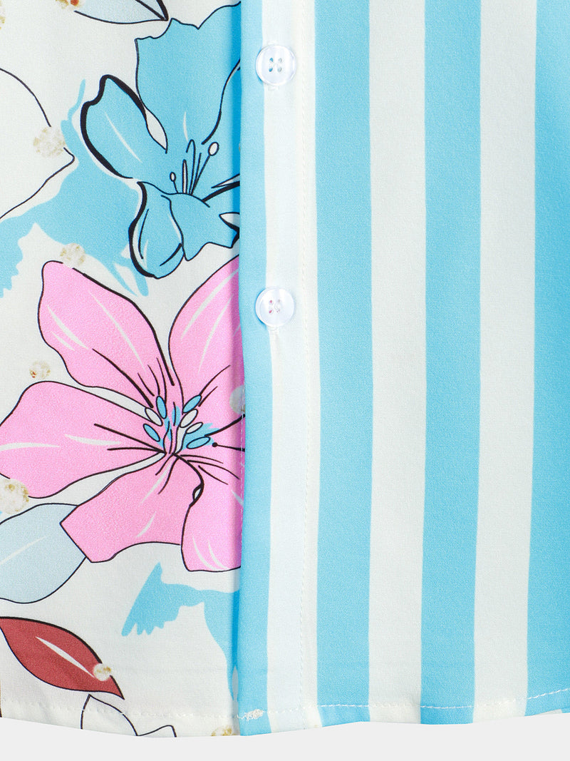 Men's Floral Blue Striped Print Vacation Summer Short Sleeve Beach Button Up Shirt