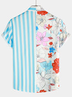Men's Floral Blue Striped Print Vacation Summer Short Sleeve Beach Button Up Shirt
