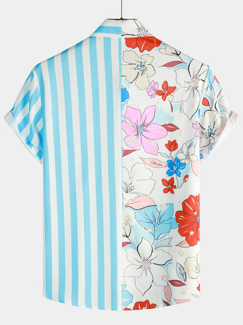 Men's Floral Blue Striped Print Vacation Summer Short Sleeve Beach Button Up Shirt