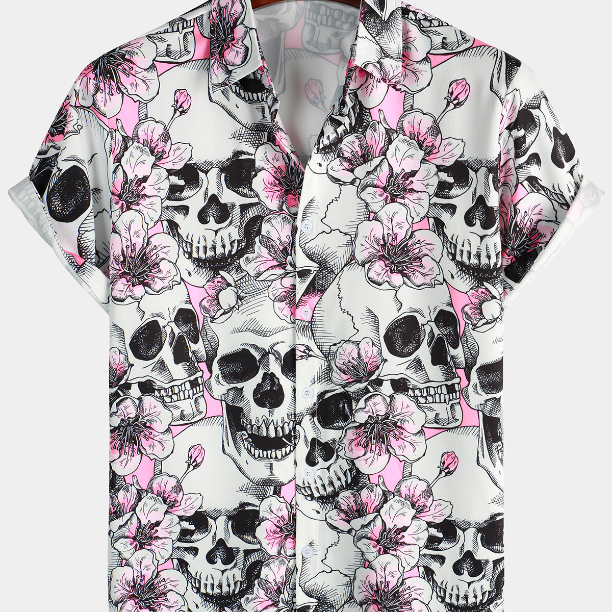 Men's Skull Pink Flowers Button Up Short Sleeve Shirt