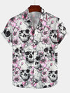 Men's Skull Pink Flowers Button Up Short Sleeve Shirt