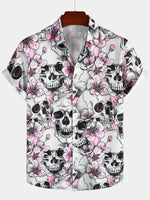 Men's Skull Pink Flowers Button Up Short Sleeve Shirt