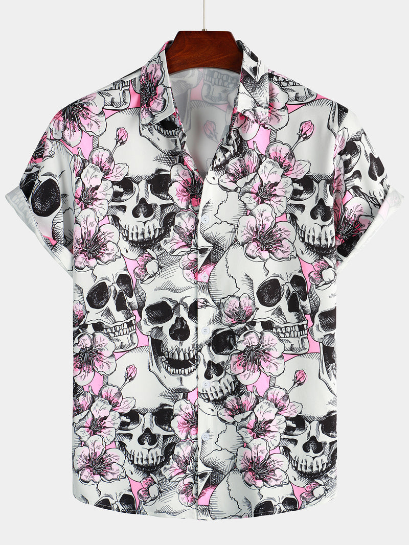 Men's Skull Pink Flowers Button Up Short Sleeve Shirt