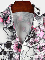 Men's Skull Pink Flowers Button Up Short Sleeve Shirt