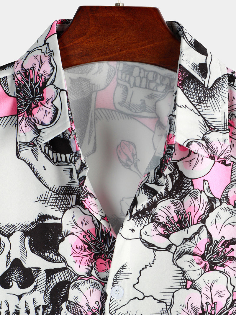 Men's Skull Pink Flowers Button Up Short Sleeve Shirt