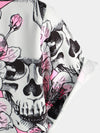 Men's Skull Pink Flowers Button Up Short Sleeve Shirt