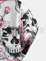 Men's Skull Pink Flowers Button Up Short Sleeve Shirt