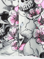 Men's Skull Pink Flowers Button Up Short Sleeve Shirt