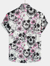 Men's Skull Pink Flowers Button Up Short Sleeve Shirt