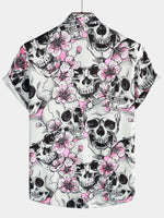 Men's Skull Pink Flowers Button Up Short Sleeve Shirt