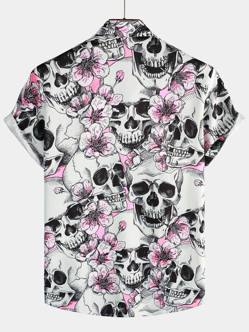 Men's Skull Pink Flowers Button Up Short Sleeve Shirt