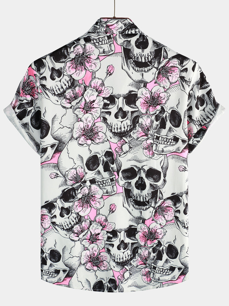 Men's Skull Pink Flowers Button Up Short Sleeve Shirt