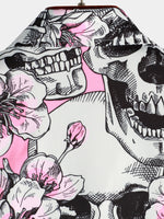 Men's Skull Pink Flowers Button Up Short Sleeve Shirt