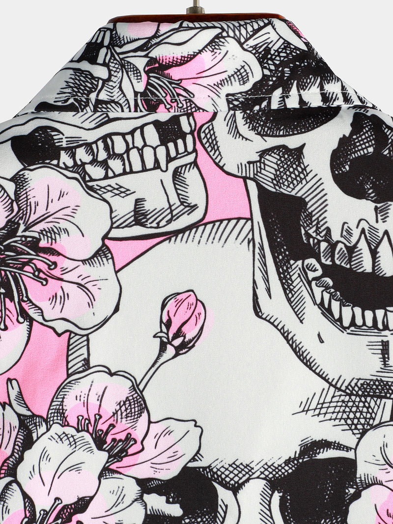 Men's Skull Pink Flowers Button Up Short Sleeve Shirt