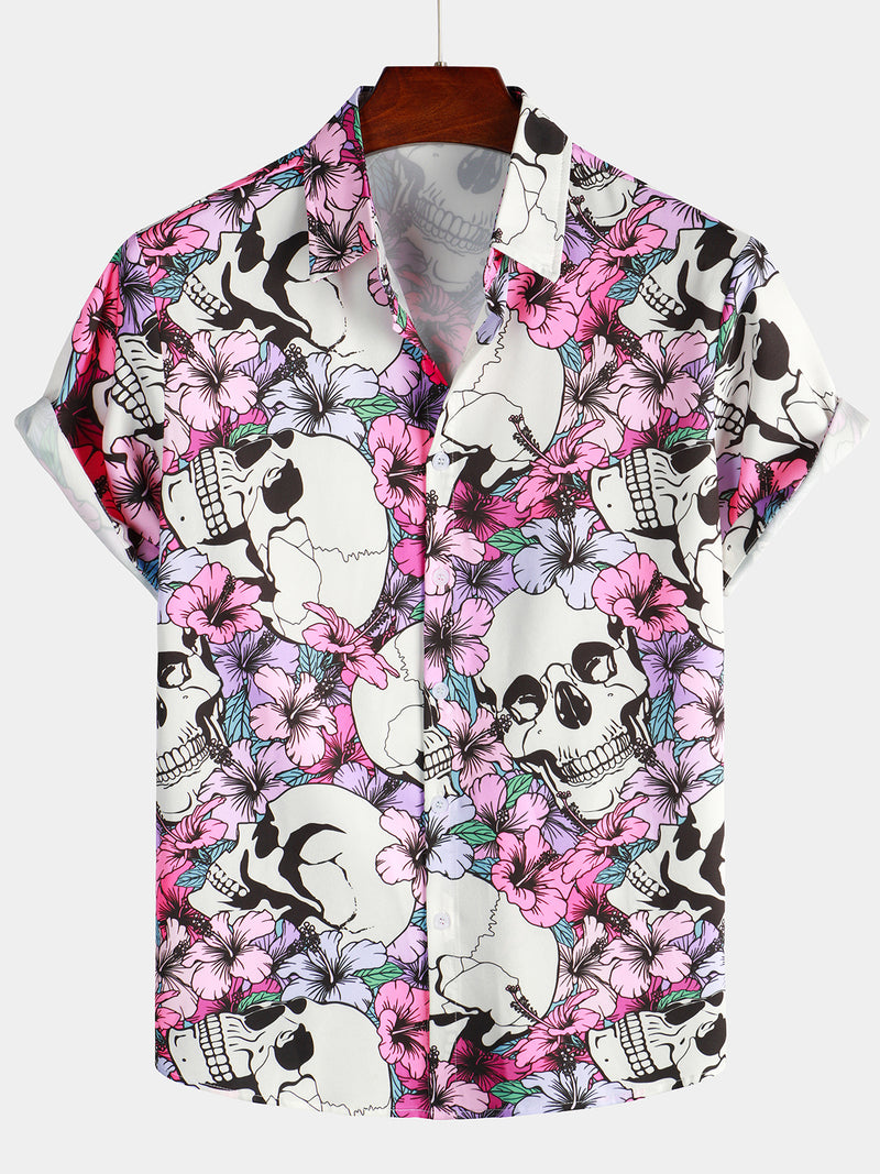 Men's Cool Skull Flowers Button Up Hawaiian Shirt
