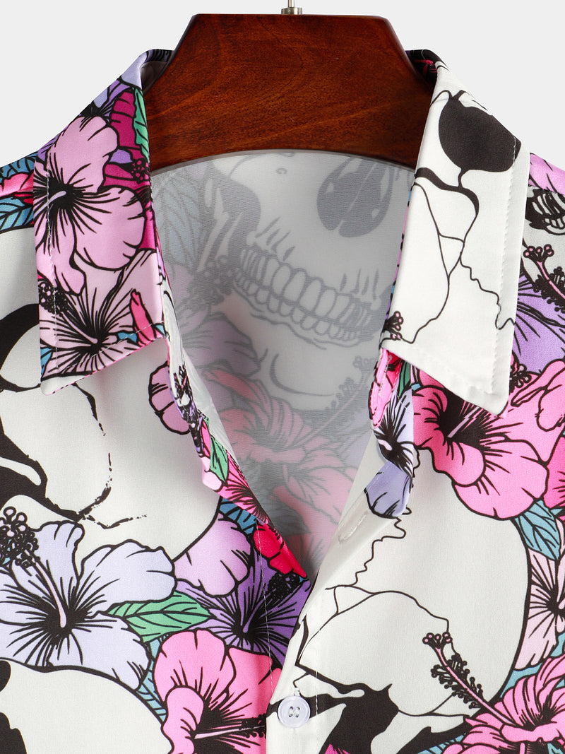 Men's Cool Skull Flowers Button Up Hawaiian Shirt