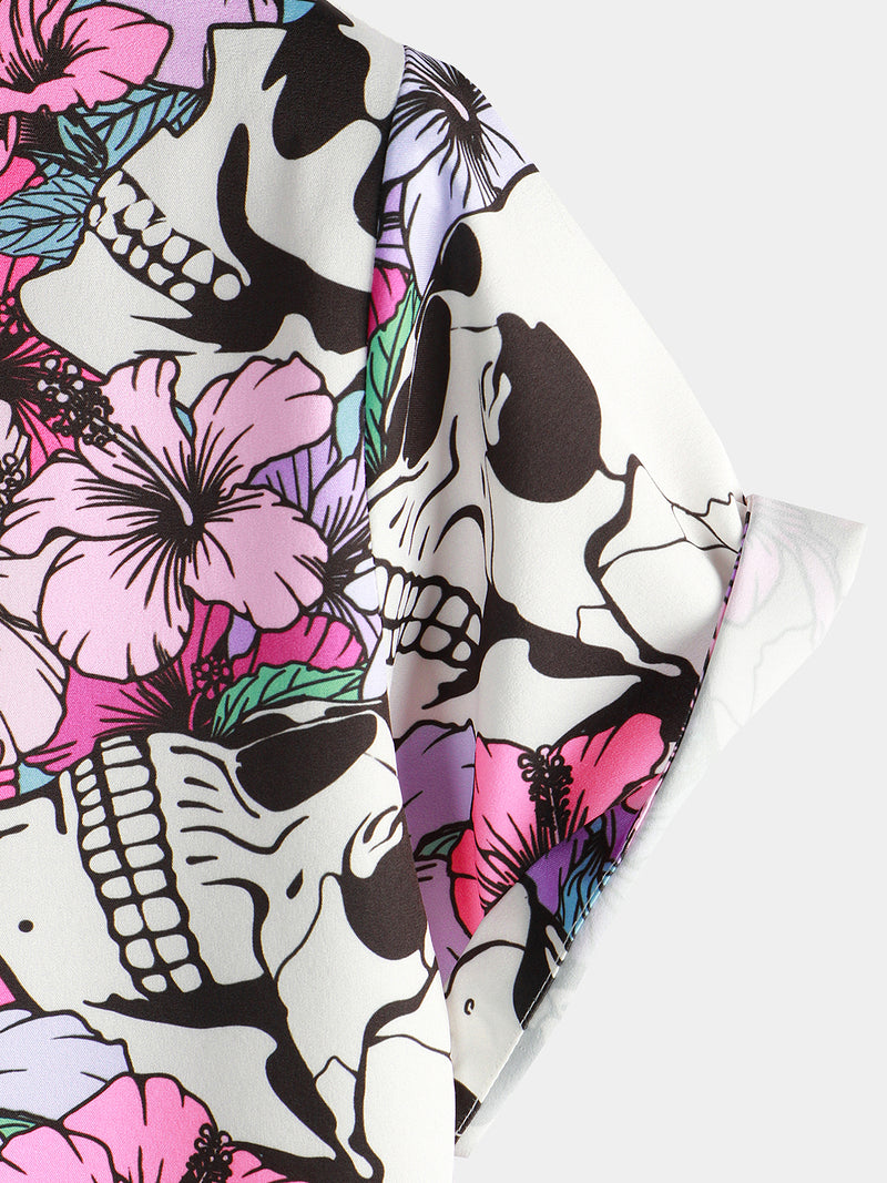 Men's Cool Skull Flowers Button Up Hawaiian Shirt