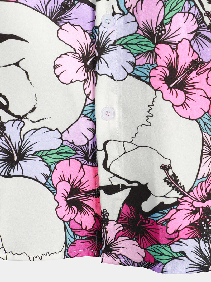 Men's Cool Skull Flowers Button Up Hawaiian Shirt