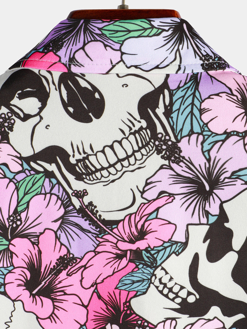 Men's Cool Skull Flowers Button Up Hawaiian Shirt