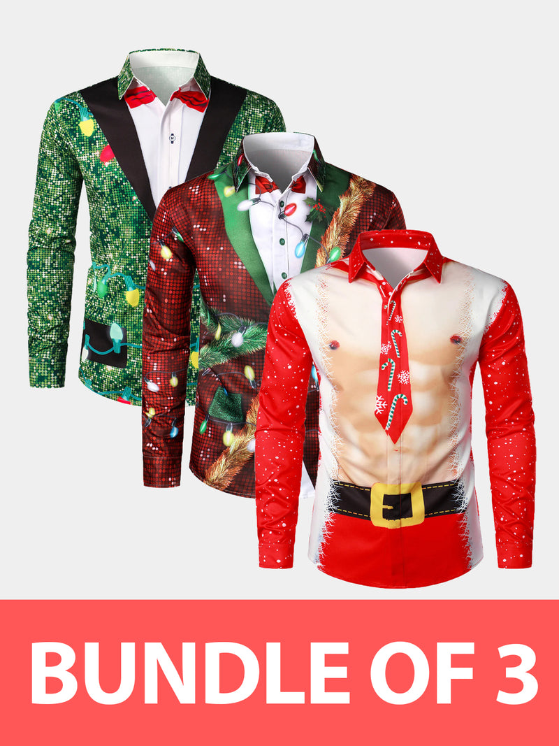 Bundle Of 3|Men's Christmas Print Regular Fit Long Sleeve Shirt