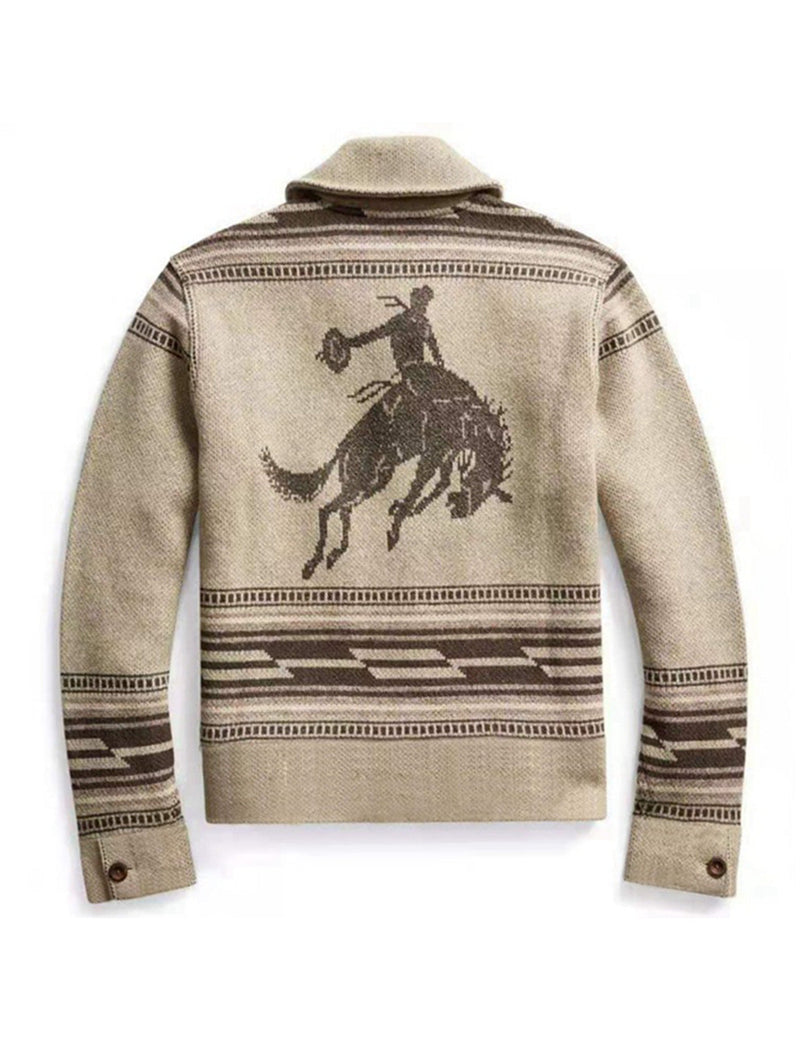 Men's Casual Vintage Western Pattern Graphic Lapel Button Fall Winter Retro Long Sleeve Cardigan