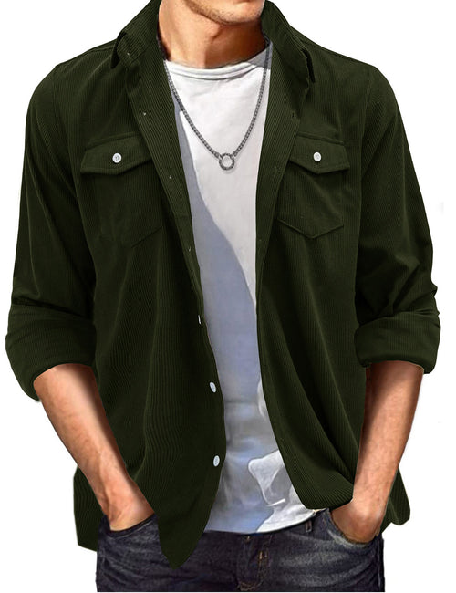 Men's Solid Color Double Pocket Button Up Casual Long Sleeve Fall Winter Shirt