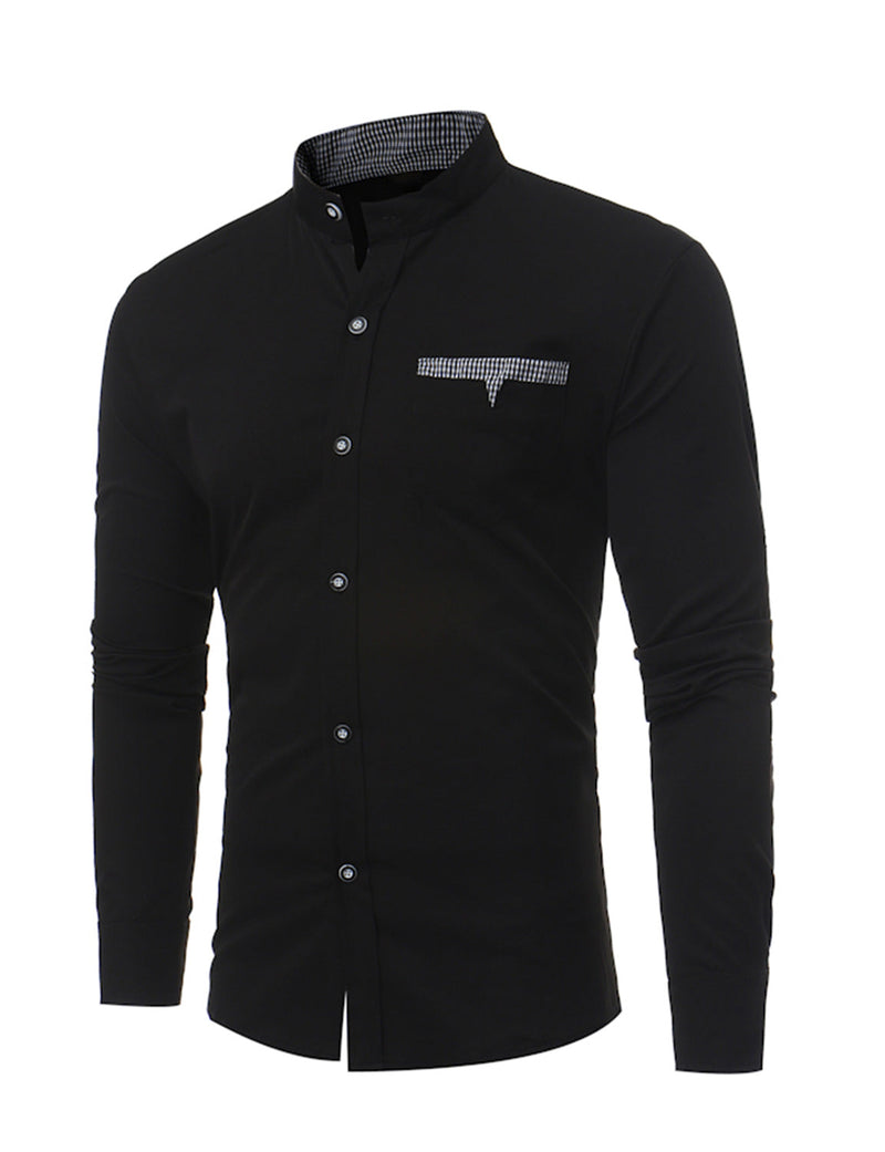 Men's Stand Collar Solid Plaid Pocket Button Up Long Sleeve Shirt