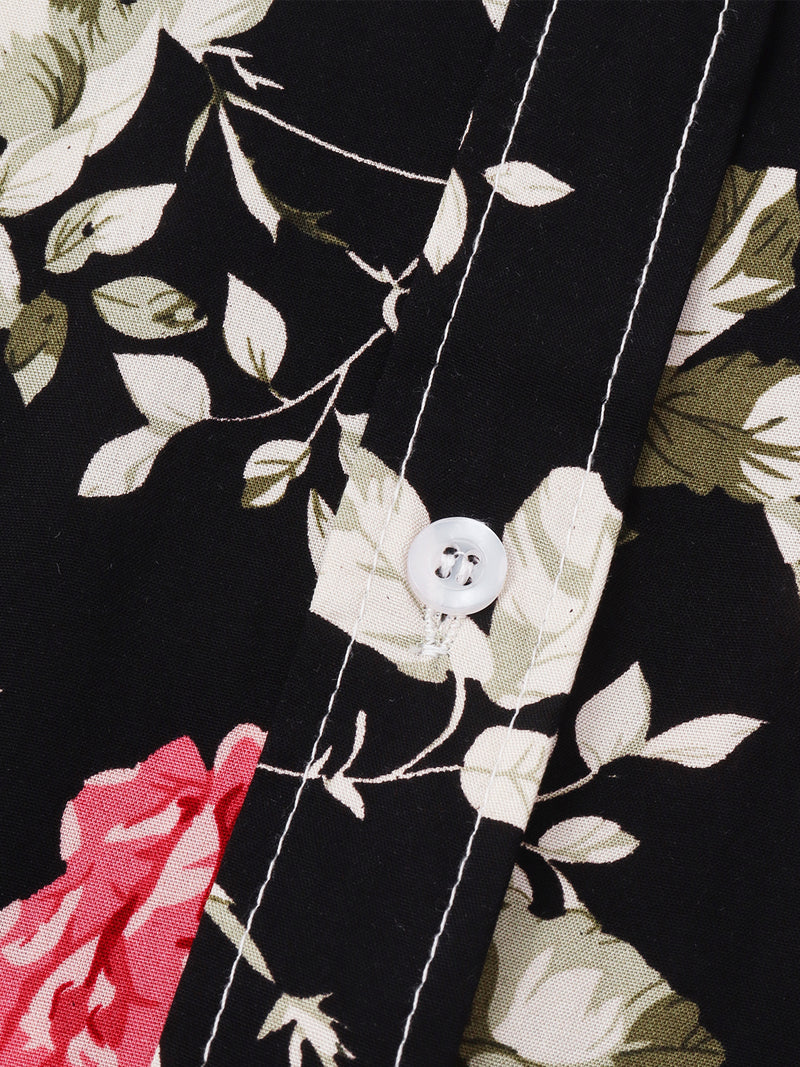 Men's Floral Print Summer Black Short Sleeve Button Up Shirt