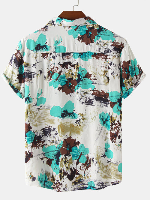 Men's Casual Vintage Floral Button Up Short Sleeve Shirt