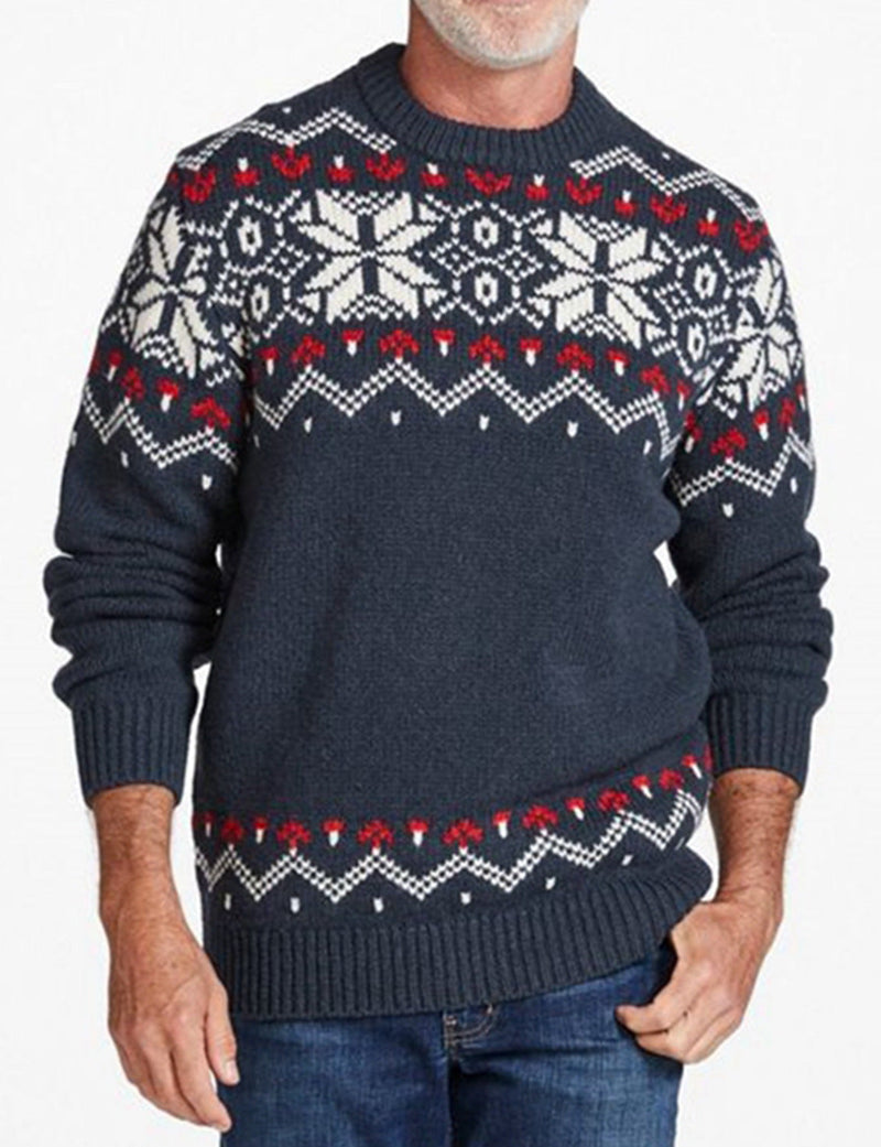 Men's Round Neck Navy Blue Snowflake Christmas Vintage Casual Long Sleeve Sweater