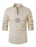 Men's Casual Henley Retro Lace Up Cotton Long Sleeve Shirt Drawstring Top