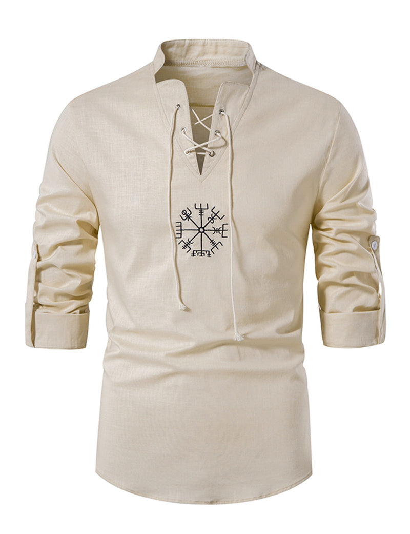 Men's Casual Henley Retro Lace Up Cotton Long Sleeve Shirt Drawstring Top