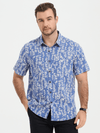Men's Blue Tropical Leaf Print Top Cotton Button Up Short Sleeve Shirt