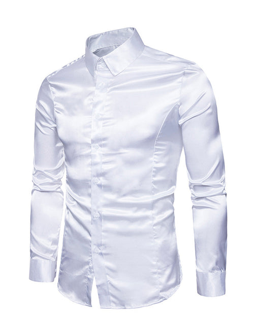 Men's Satin Smooth Button Up Tuxedo Long Sleeve Party Dress Shirt