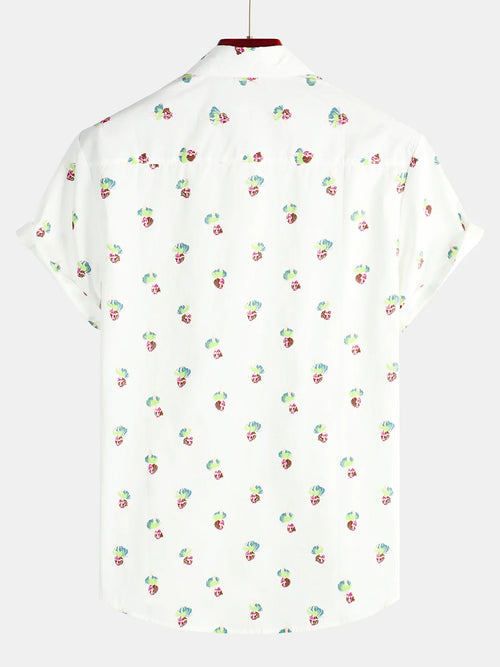 Men's Beauty Print Button Up Short Sleeve Cotton White Hawaiian Shirt