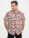 Men's Breathable Beach Summer Rose Print Cotton Button up Beige Short Sleeve Shirt