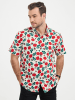 Men's Breathable Beach Summer Rose Print Cotton Button up Beige Short Sleeve Shirt