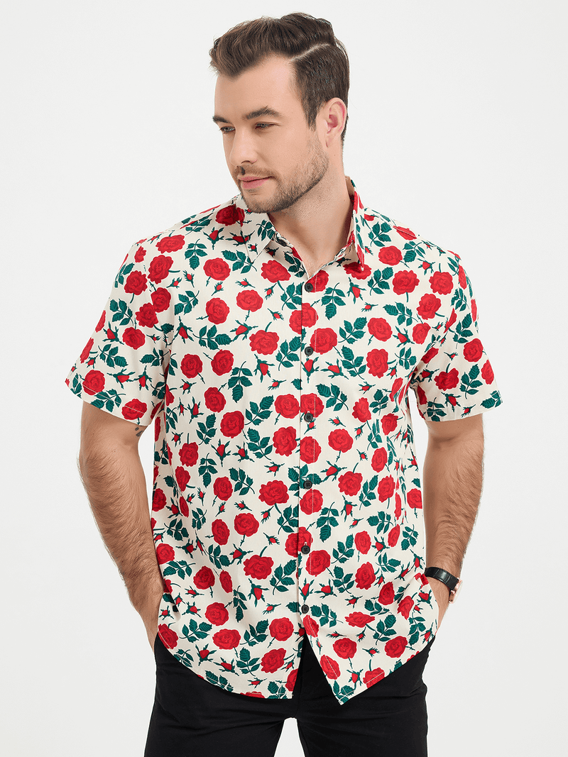 Men's Breathable Beach Summer Rose Print Cotton Button up Beige Short Sleeve Shirt