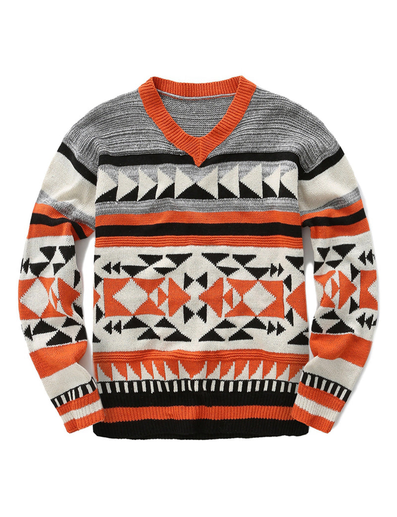 Men's Vintage Casual Orange Striped Long Sleeve V Neck Fall Winter Sweater