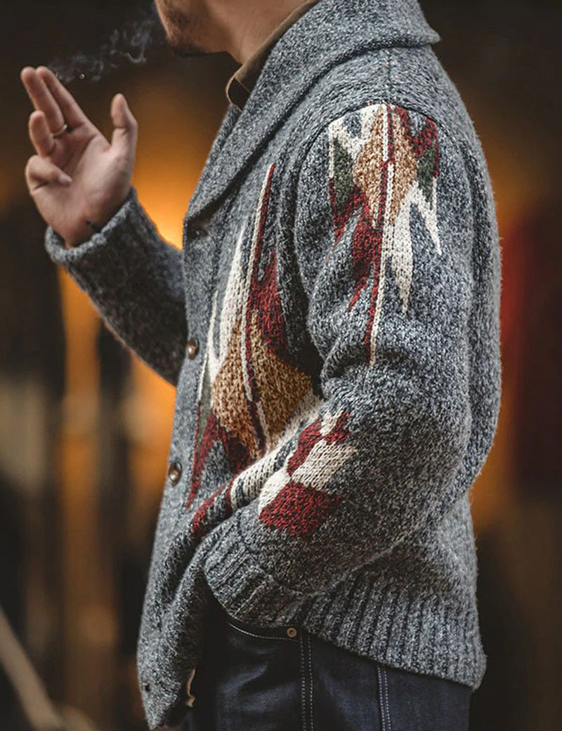 Men's Dark Grey Lapel Button Up Casual Long Sleeve V Neck Sweater Cardigan