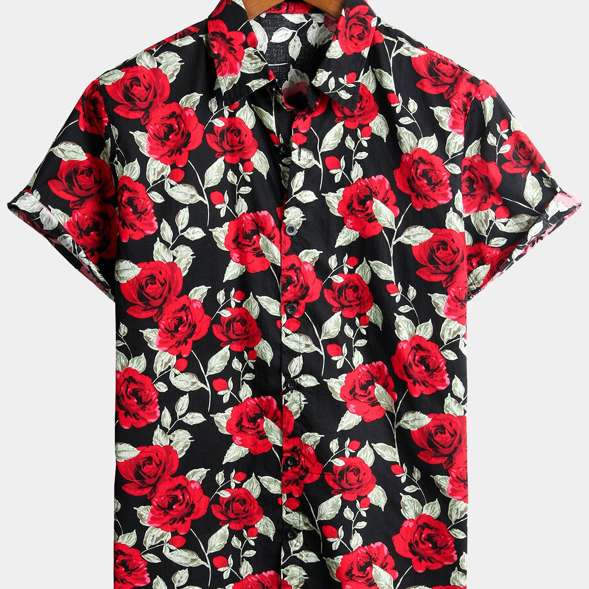 Men's Casual Holiday Rose Print Cotton Short Sleeve Shirt