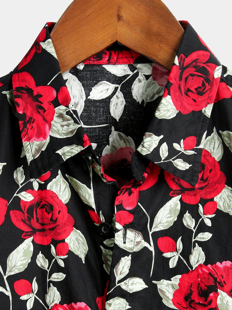 Men's Casual Holiday Rose Print Cotton Shirt