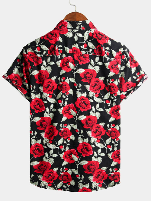 Men's Casual Holiday Rose Print Cotton Shirt