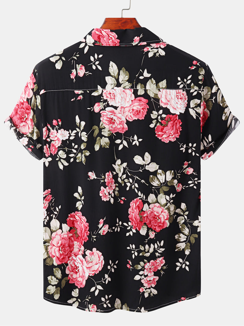 Men's Floral Print Summer Black Short Sleeve Button Up Shirt