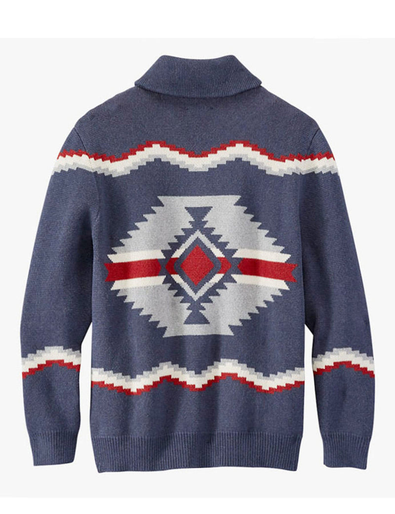 Men's Retro Print Soft Casual Button Fall Winter Navy Blue Cardigan Sweater