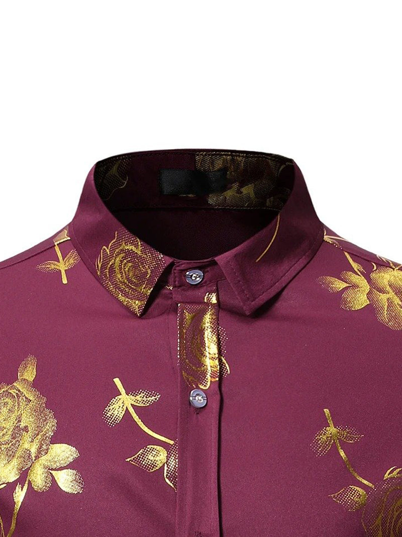 Men's Rose Print Casual Long Sleeve Shirts