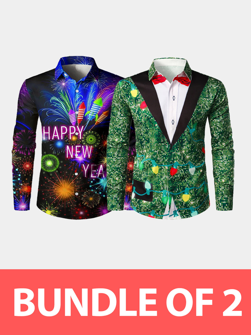 Bundle Of 2|Men's Printed Regular Fit Festive Long Sleeve Shirt