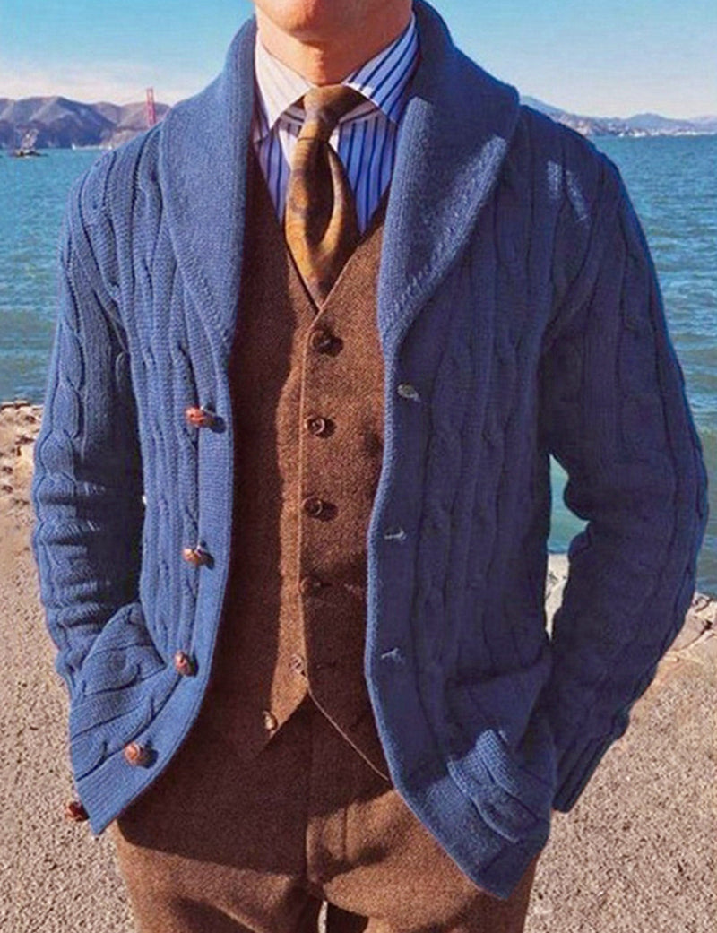 Men's Knit Casual Dark Blue Fall Winter Solid Color Cardigan Sweater